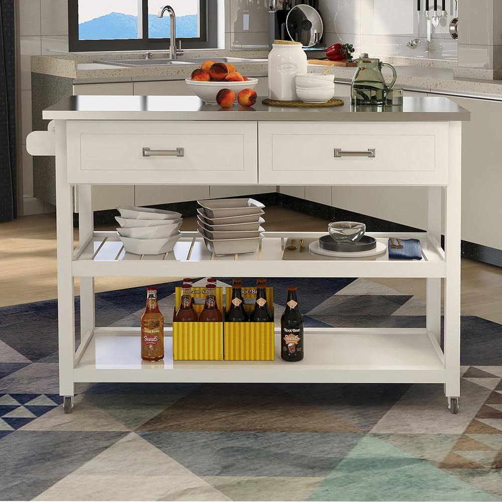 White Kitchen Island with Stainless Steel Top and 2 Drawers I19382