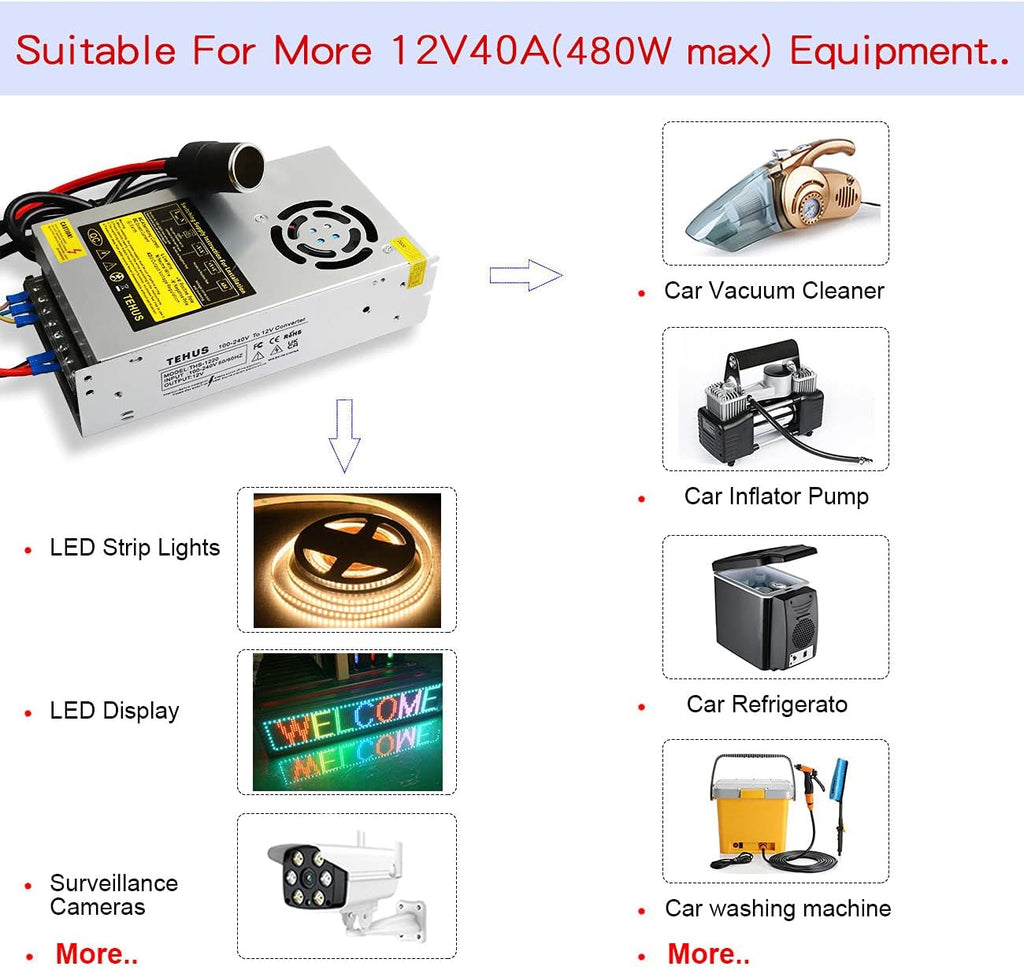 Switching Power Supply AC 110V/220V to DC 12V 40A 480W Power Adapter Transformer U64443