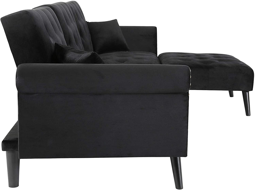 Convertible Sectional Sofa L Shape Couch Sleeper Bed Black Velvet with Wood Legs F4326