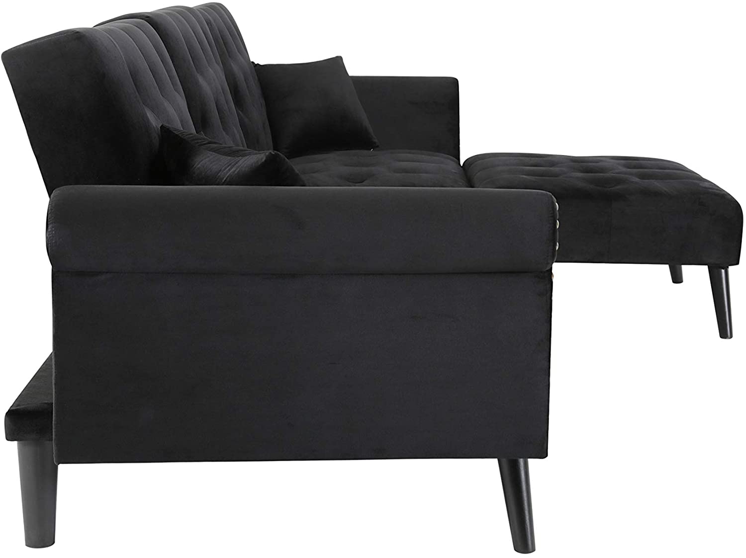 Convertible Sectional Sofa L Shape Couch Sleeper Bed Black Velvet with Wood Legs F4326