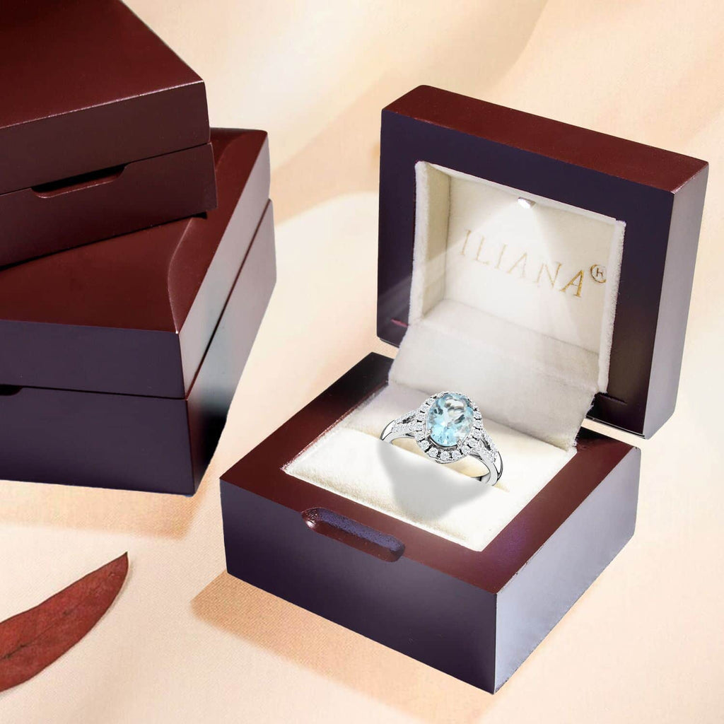 18K White Gold Halo Ring with Blue Aquamarine and White Diamond M4674