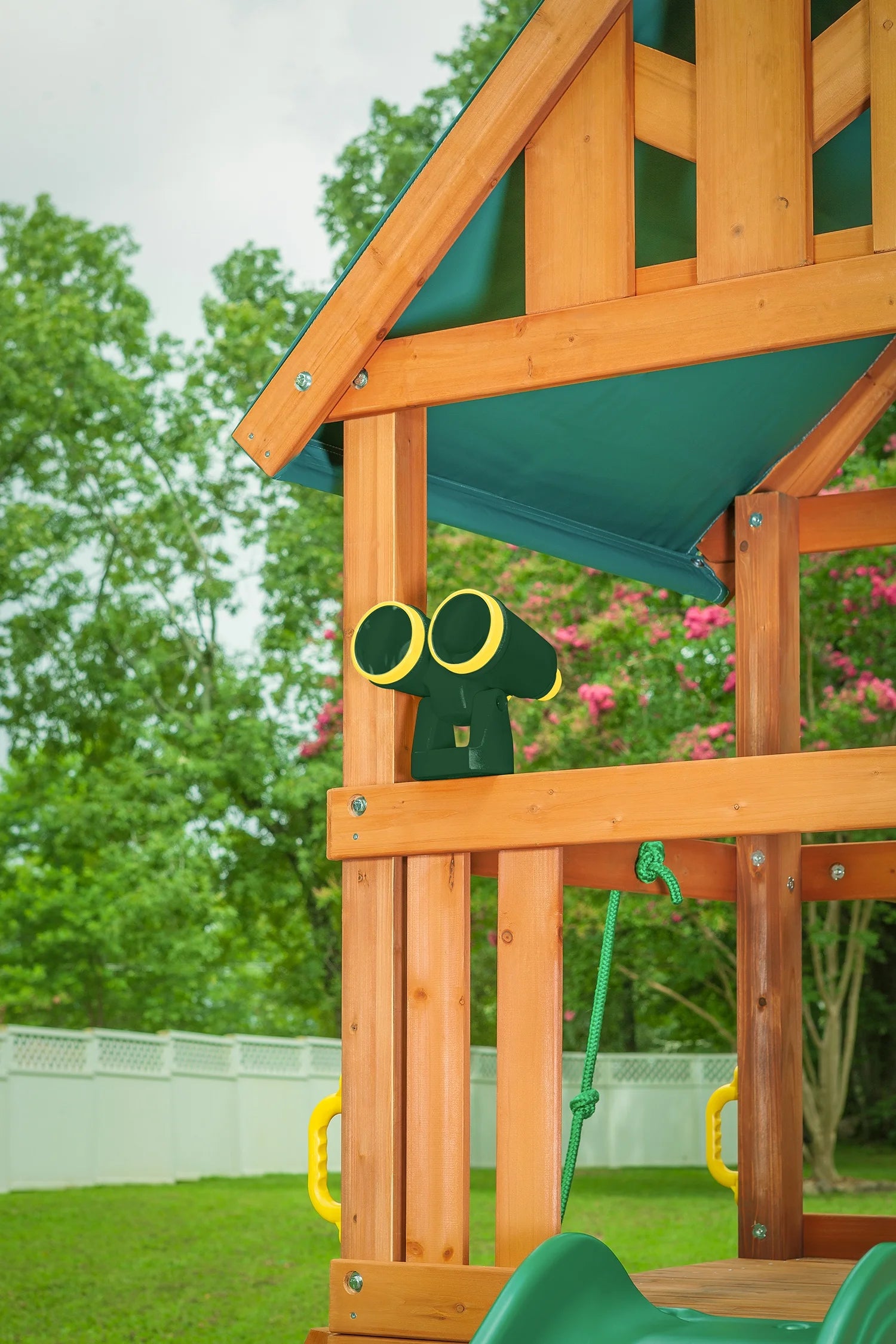 Green Wooden Swing Set with Tarp Roof and Slide W1570