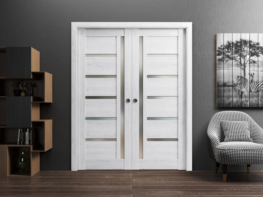 Nordic White Solid Wood Sliding French Double Pocket Doors with Frosted Glass A30520