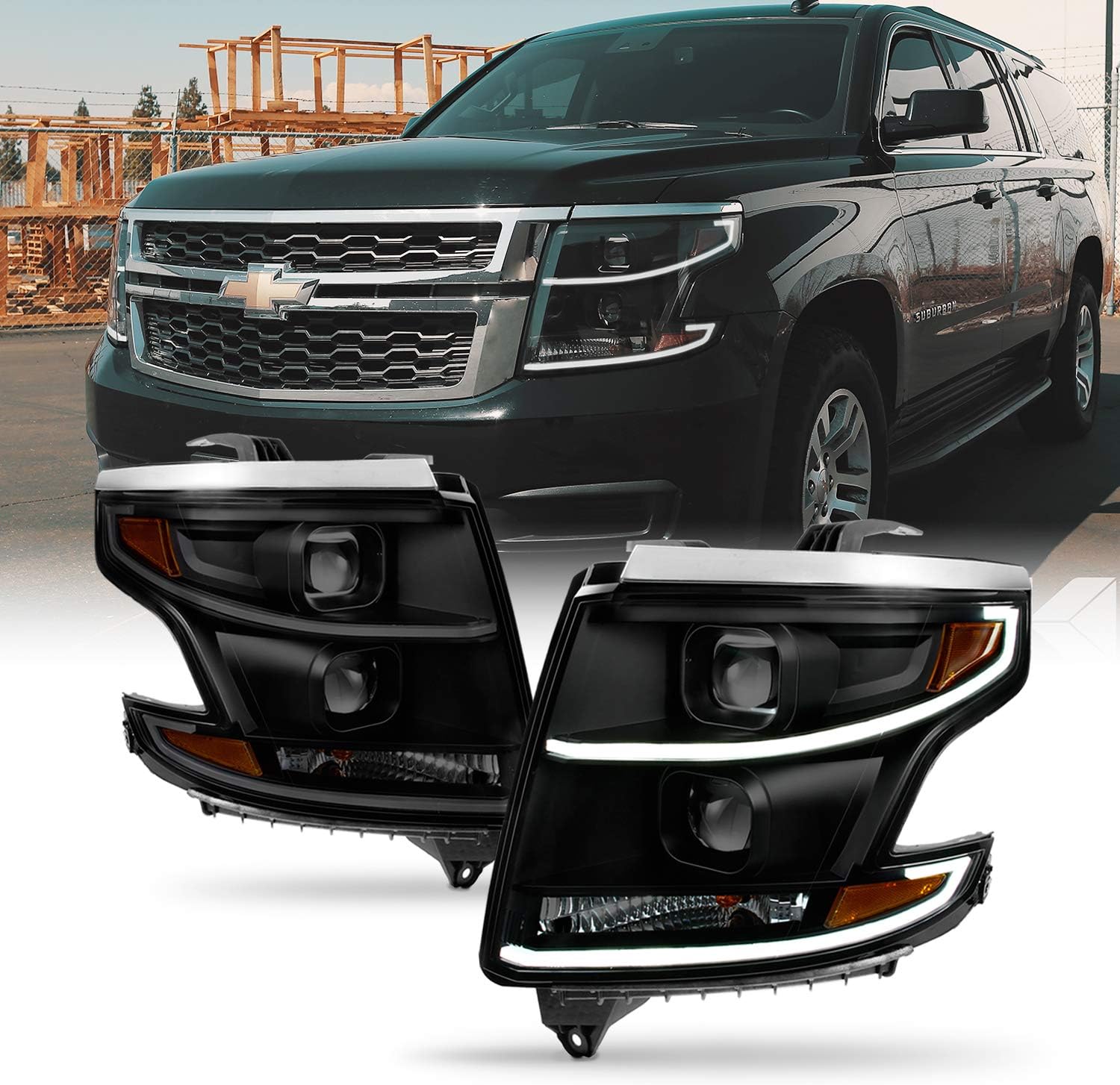 Black Housing LED DRL Projector Headlights B732