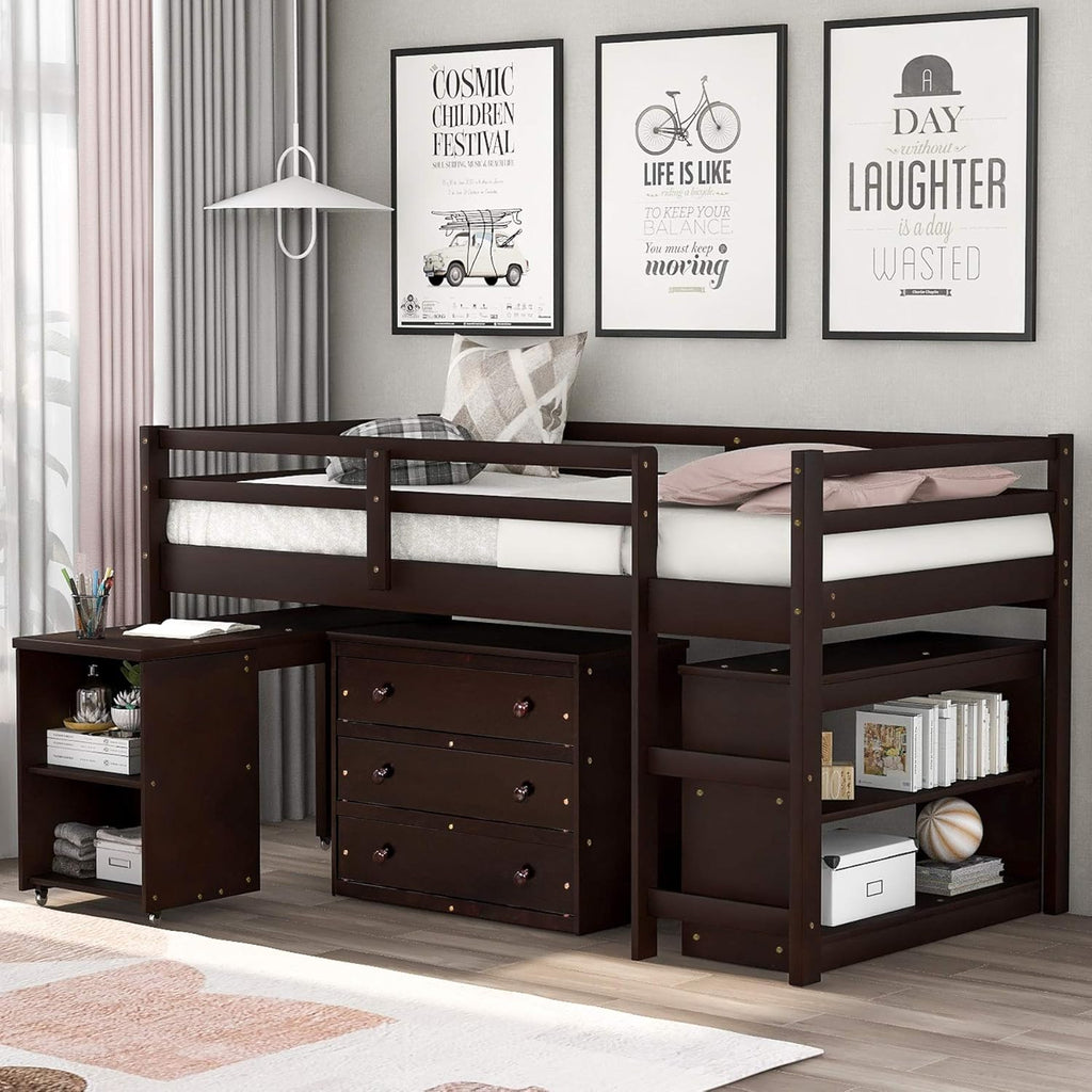 White Twin-Size Low Loft Bed Frame with Ladder Cabinet Desk T41248
