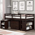 White Twin-Size Low Loft Bed Frame with Ladder Cabinet Desk T41248