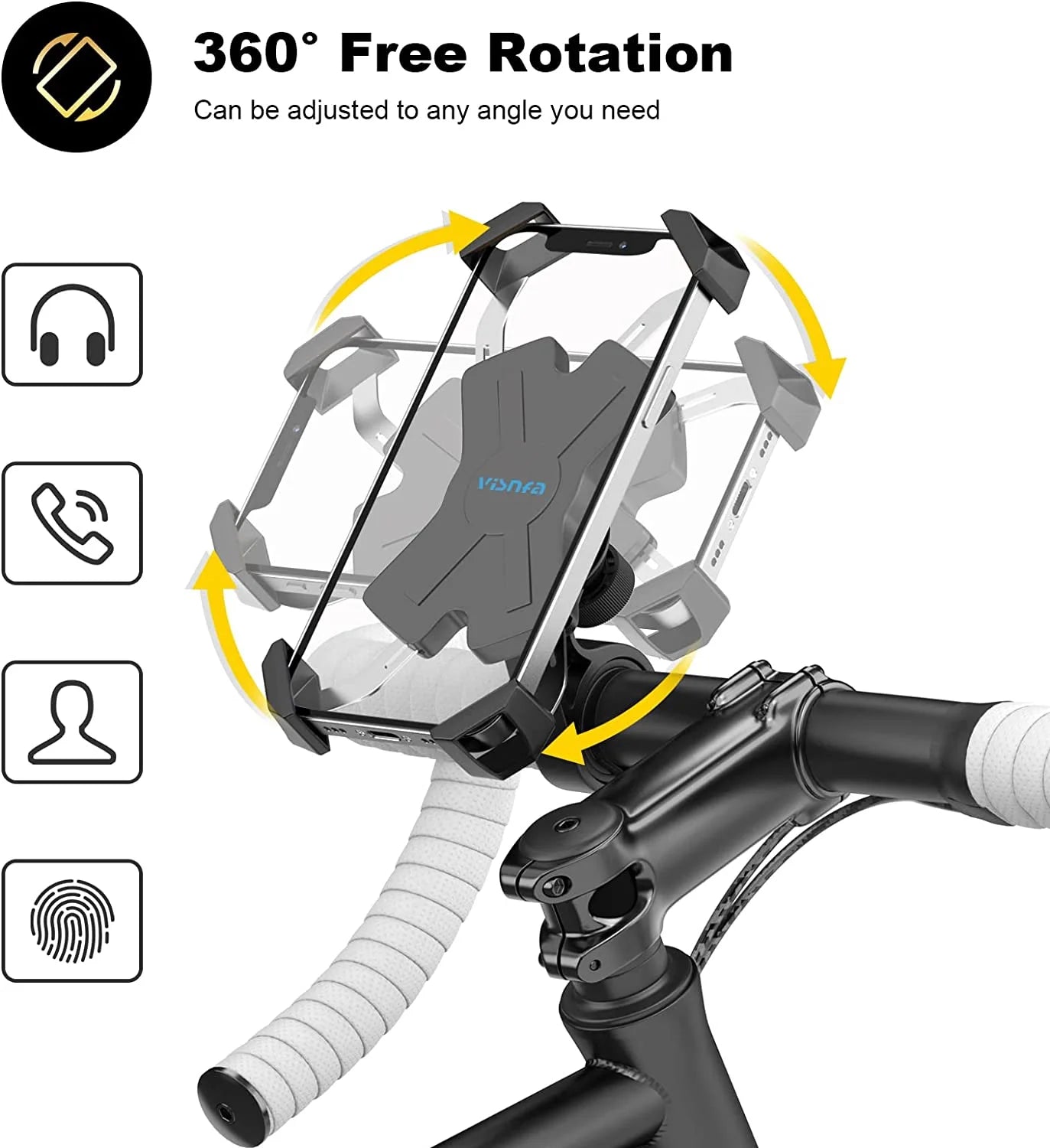 Bike Phone Mount with Stainless Steel Clamp Arms 360° Rotation X8036