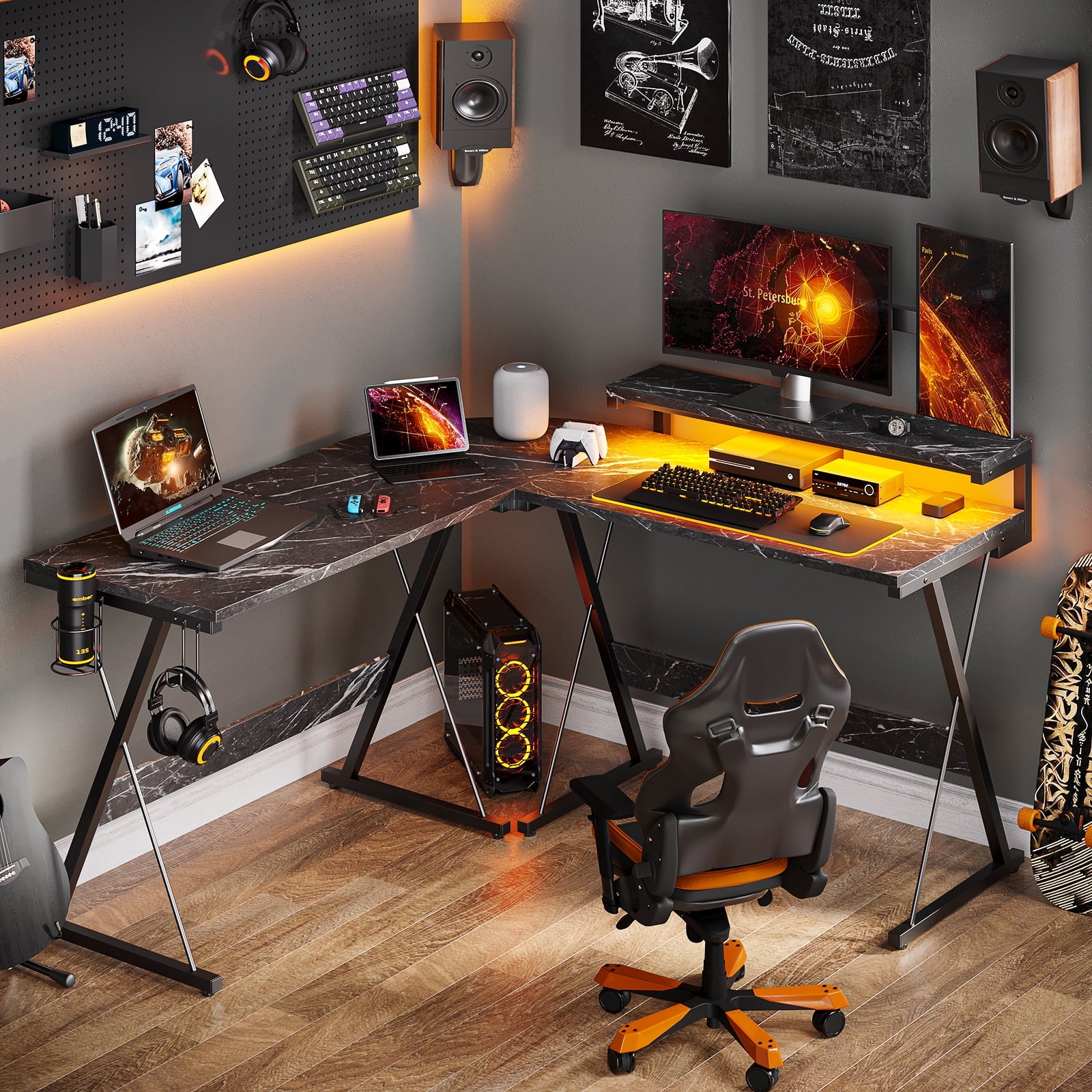 Black Marble L-Shaped Gaming Computer Desk with Monitor Stand F8857
