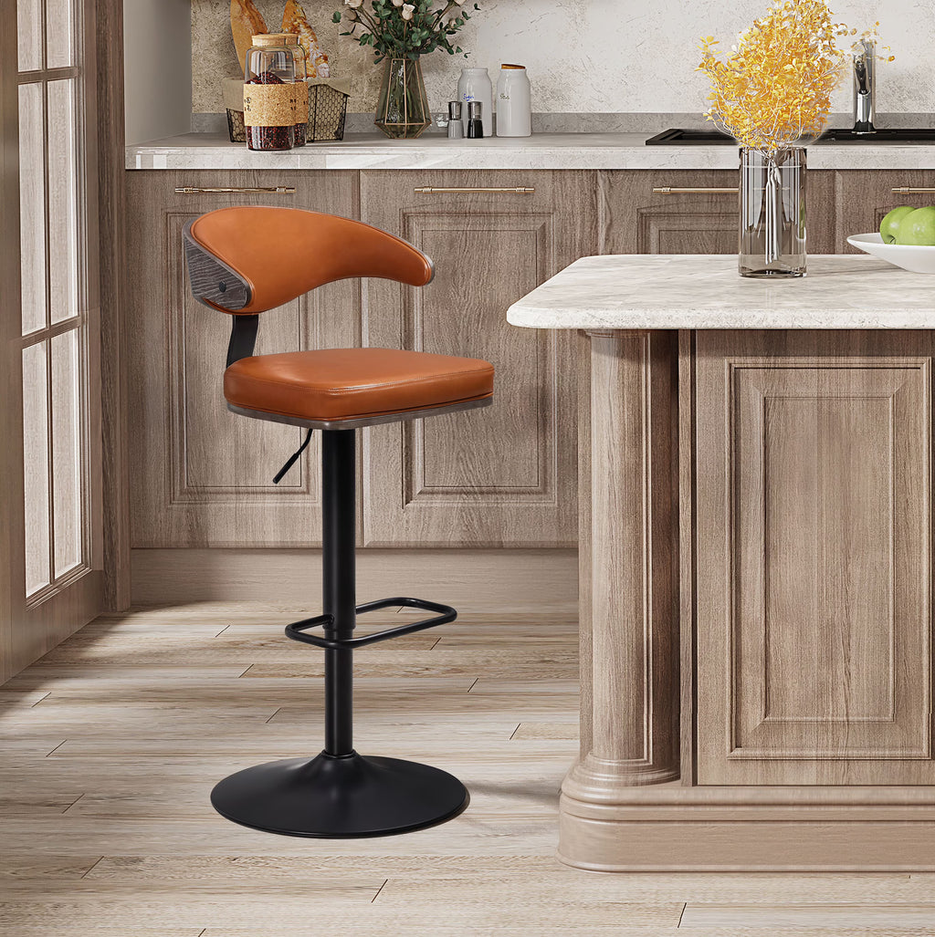 Retro Bar Stools, 360 Degree Swivel Height Adjustable, Faux Leather Steel Legs, Brown N576