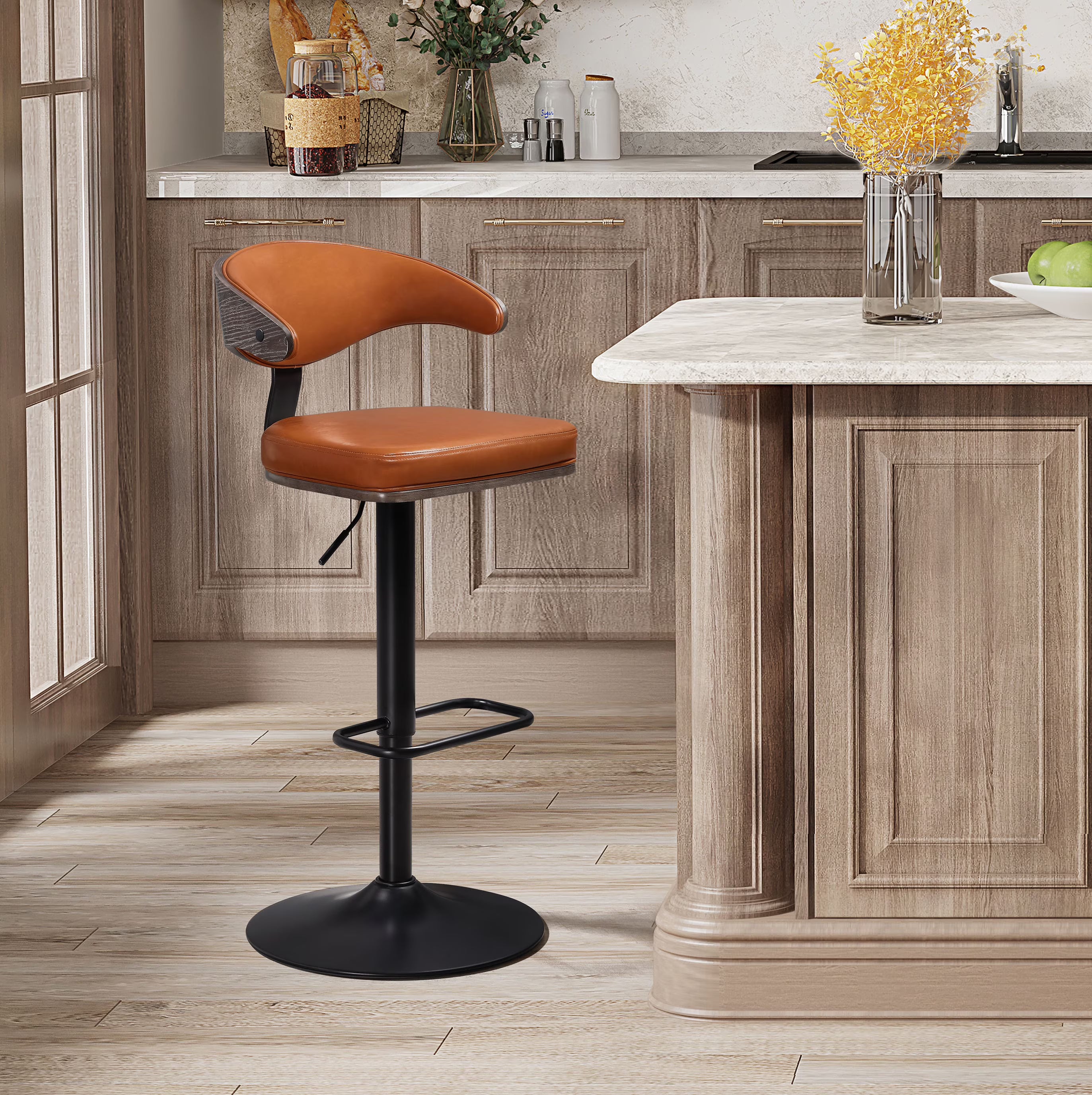 Retro Bar Stools, 360 Degree Swivel Height Adjustable, Faux Leather Steel Legs, Brown N576