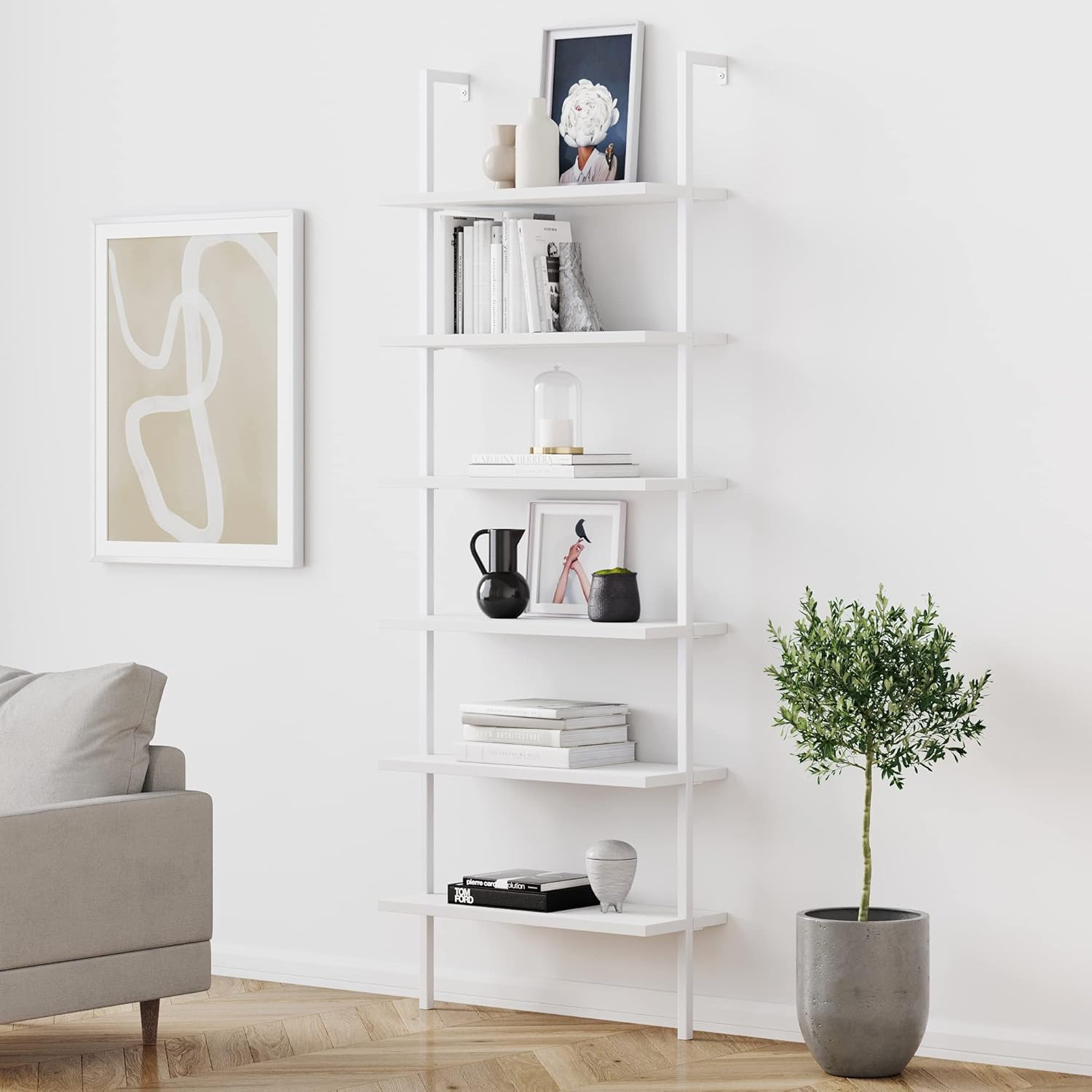 White/Gold 5-Shelf Ladder Bookcase P179