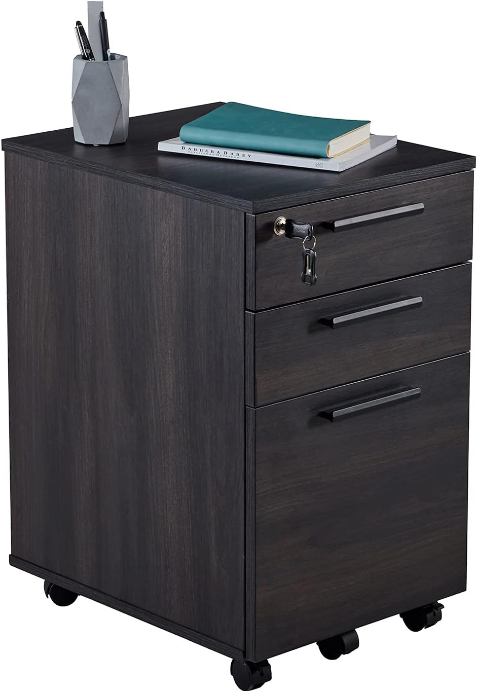 3 Drawer Mobile File Cabinet with Lock Wood Pedestal Filing Storage, Dark Walnut Z428