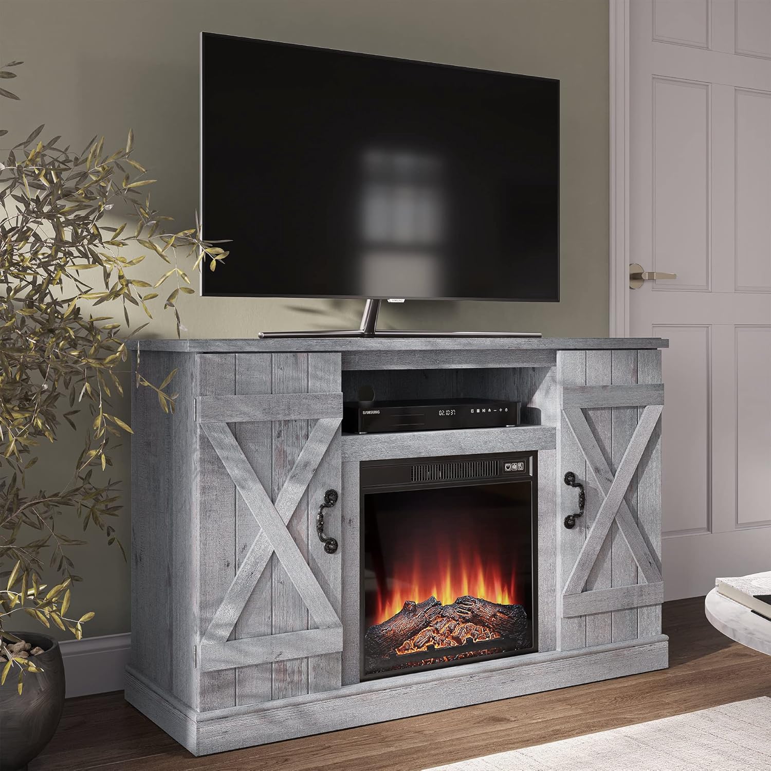 Industrial Rustic Wood TV Stand with Open Storage Shelves & Cabinets T83351