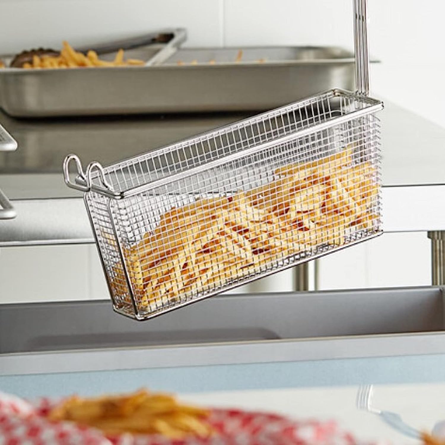 13-1/2" x 4-1/4" x 5-1/2" Rectangular Deep Fry Basket with Hook Nickel Plated Iron T2878
