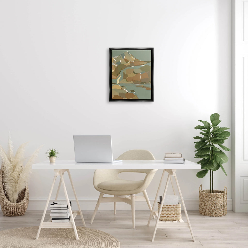 Abstract Mountain River Graphic Art Jet Black Floating Framed Canvas Print Wall Art W219