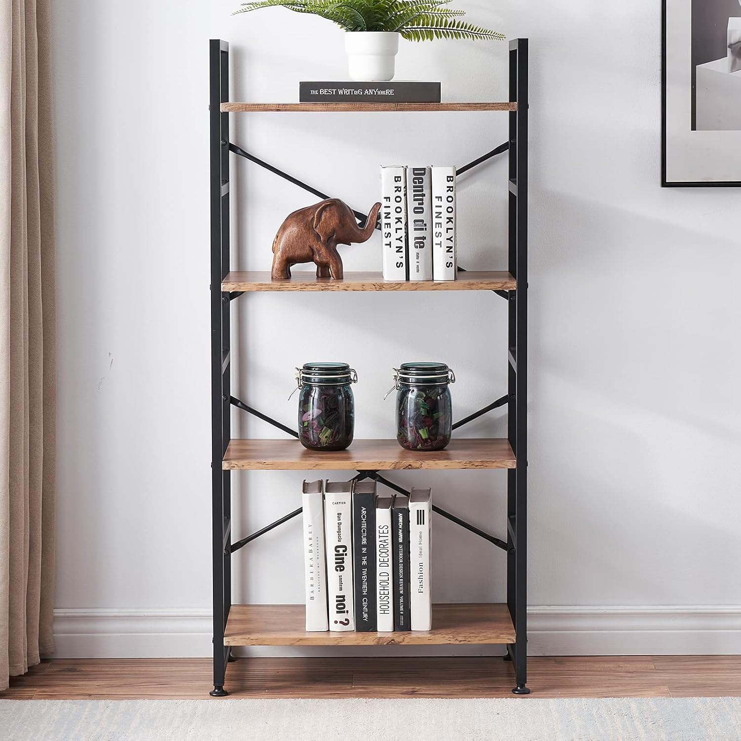 Vintage Brown 4 Tier Wood Bookshelf with Metal Frame E71328