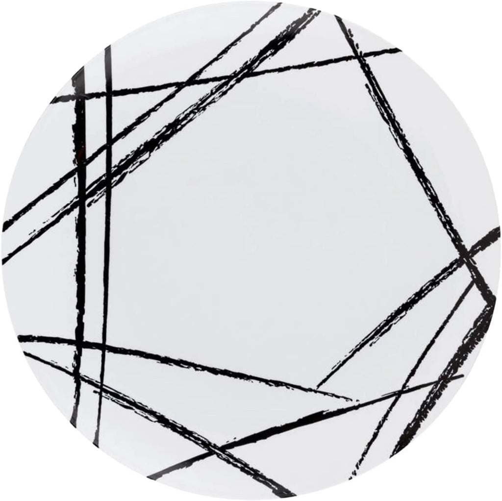 White Plastic Dinner Plates with Black Brush Design (110 Pack) I6574