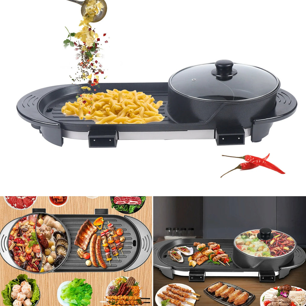 2 in 1 Portable Electric BBQ Grill Hot Pot Non-Stick Pan F7327